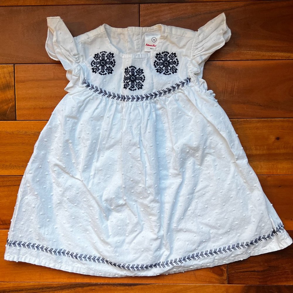 12M Hanna Andersson White Dress with Blue Embroidery